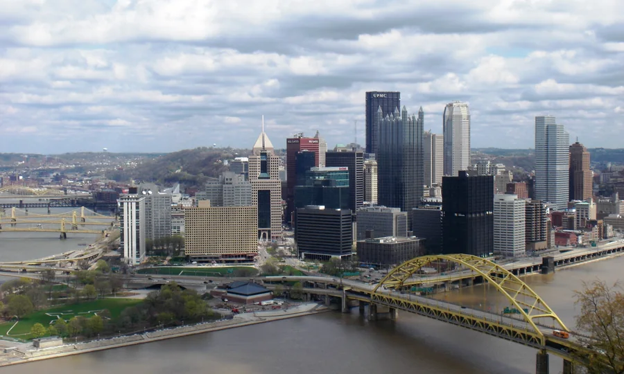 Pittsburgh skyline and the Fort Pitt Bridge viewed across the river